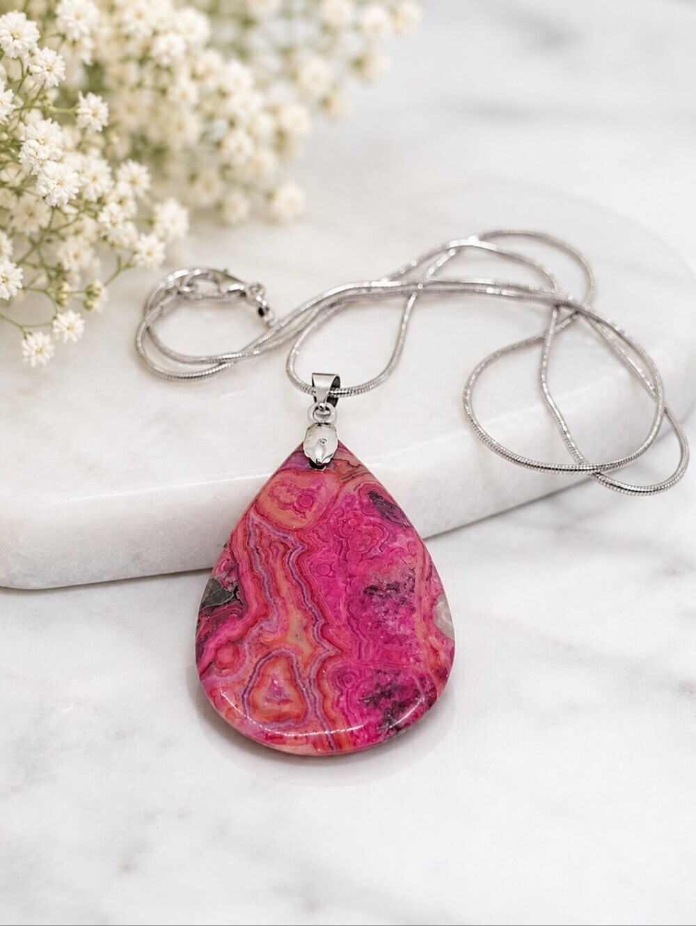 Pink Crazy Lace Agate Teardrop Pendant Necklace